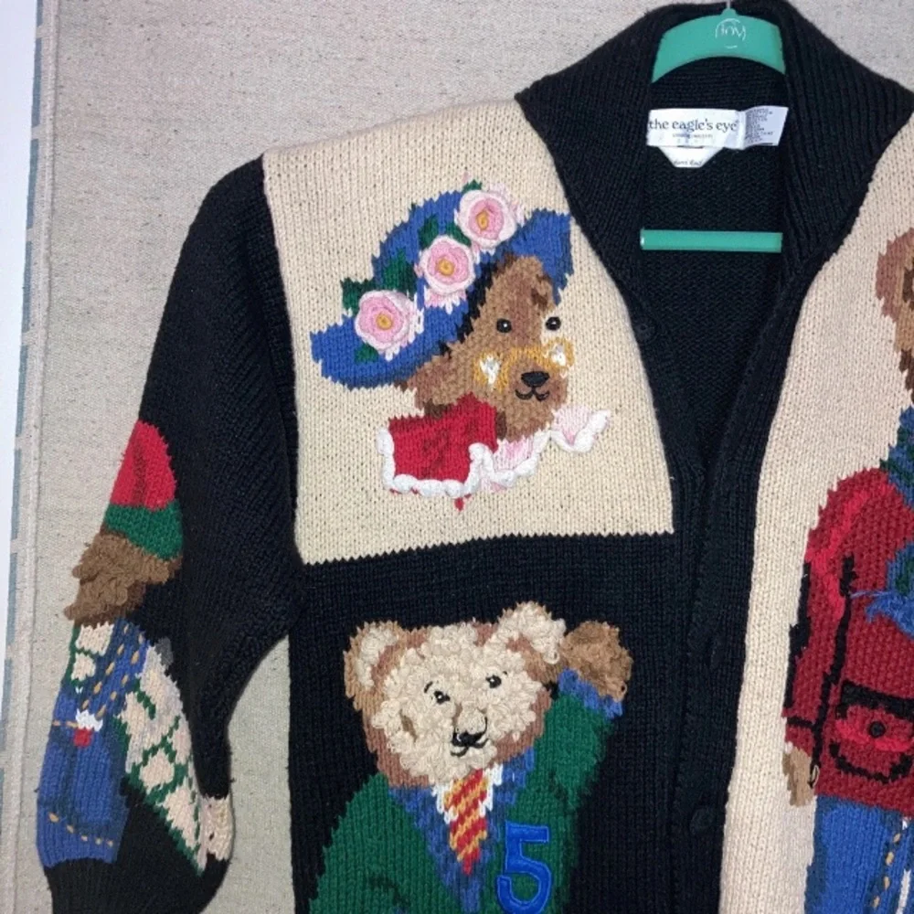 Vintage Eagle’s Eye Chunky Knit Bear Cardigan Grandma core Sweater Women’s New M - Picture 3 of 11